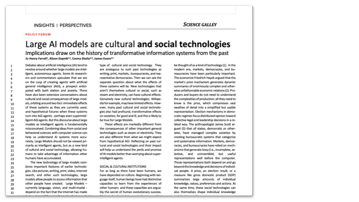 Large AI models are cultural and social technologies implications draw on the history of transformative information systems from the past